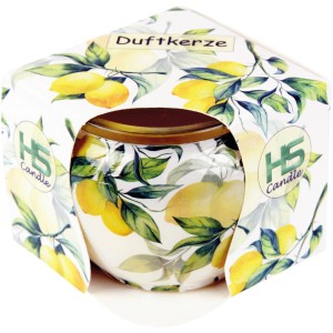 HS Candle Duftkerze Lemon im Glas mit Zitronen-Motiv und Verpackung.