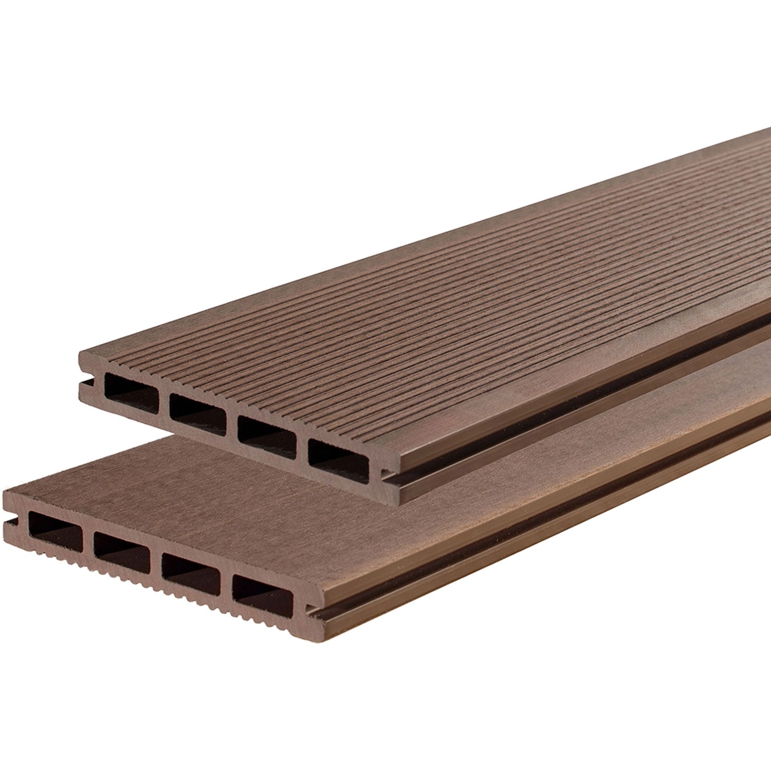 Braune Elephant WPC Terrassendielen basicDeck Comfort, Hohlkammer, geriffelt/glatt, 2x14,5x300cm.