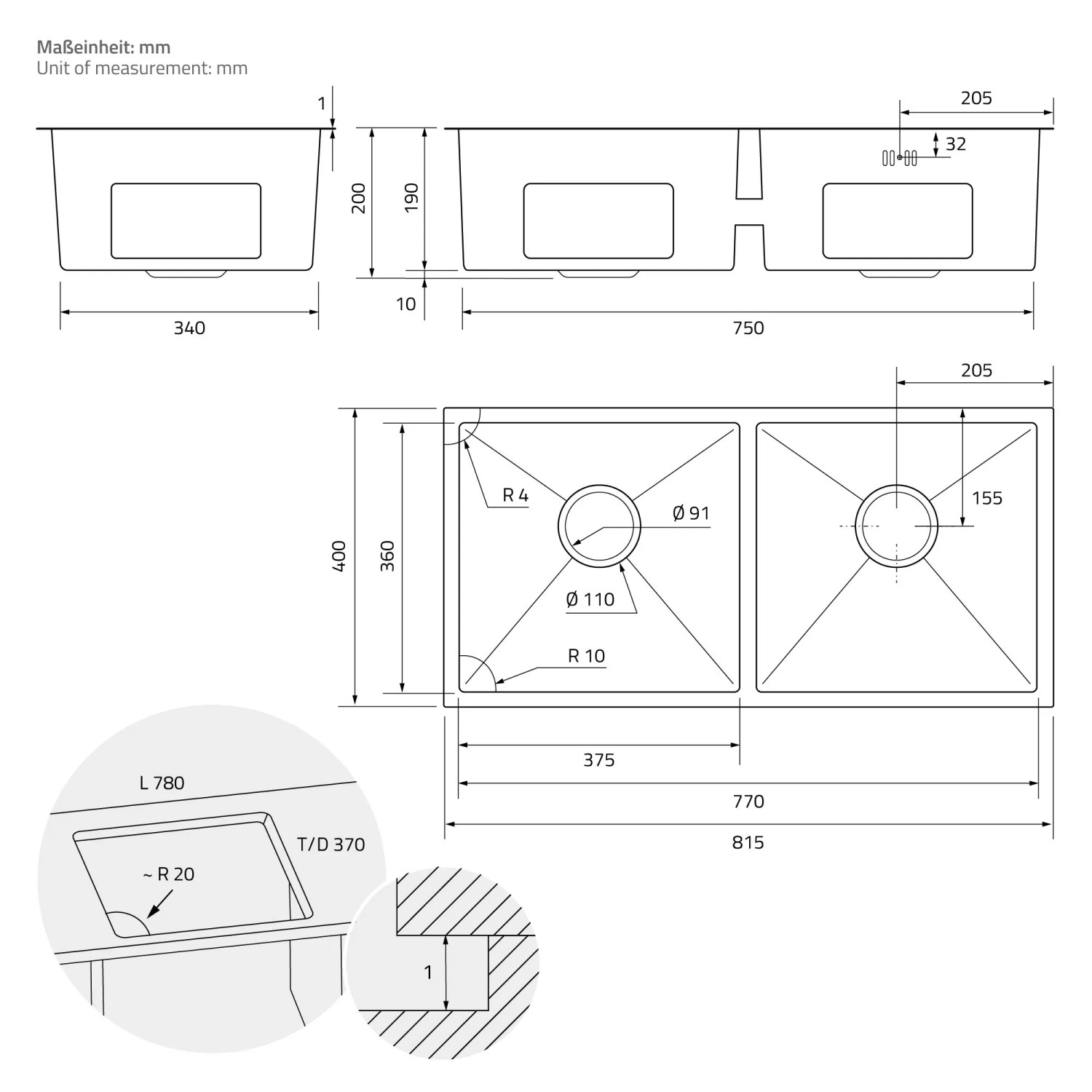 Technische Zeichnung: ML-Design Doppelspülbecken Edelstahl, Maße und Details für Montage.