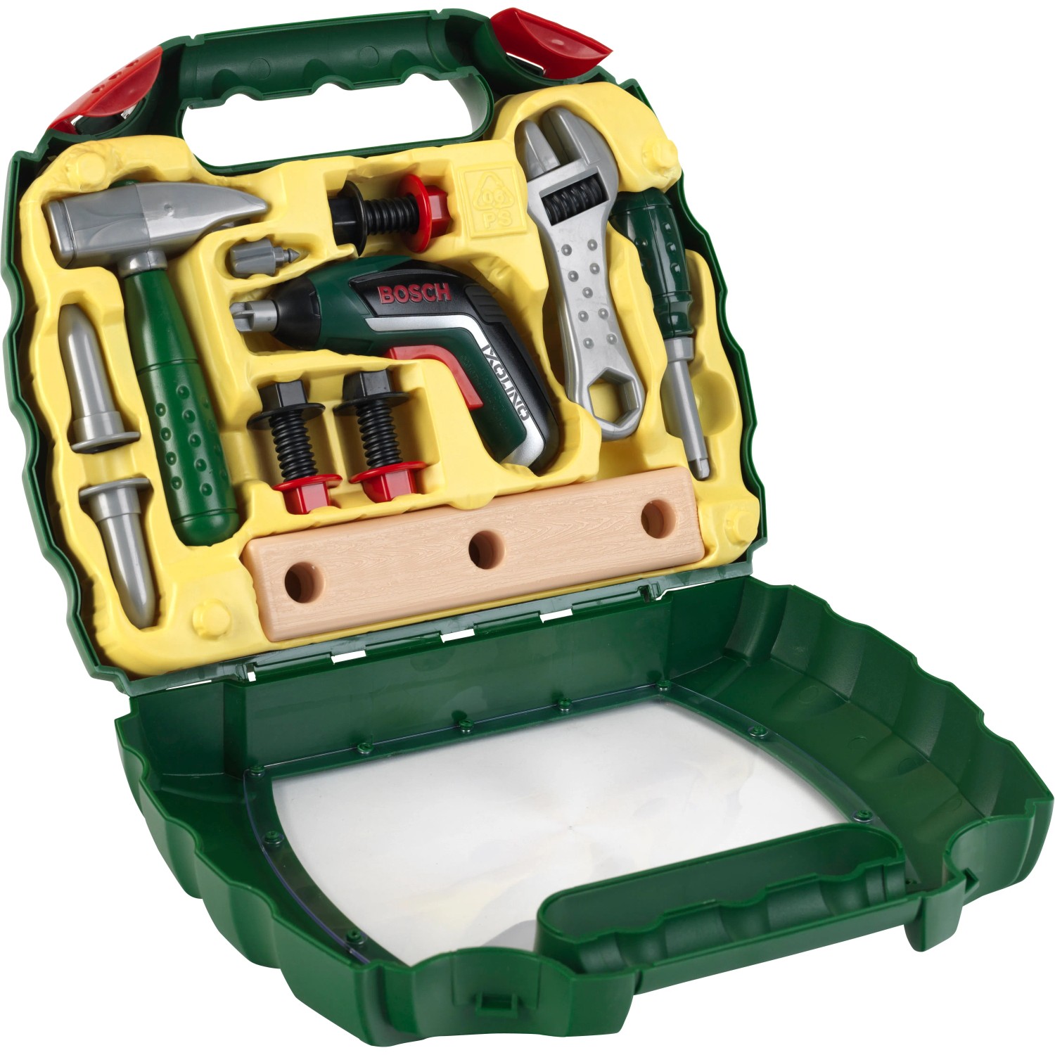 Bosch Workcase Ixolino mit Akkuschrauber II und Werkzeug-Set im geöffneten, grünen Koffer.