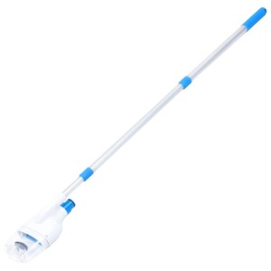 Weiß-blauer Poolsauger mit langer Teleskopstange und transparentem Saugkopf für Aufstellpools. Poolreiniger aus ABS.