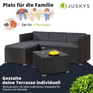 Juskys Polyrattan Lounge Punta Cana M, schwarz mit dunkelgrauen Bezügen. Gartenmöbel Sitzgruppe mit Tisch und Polstern.