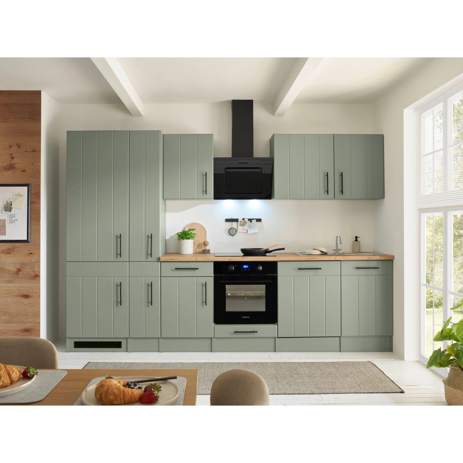 Respekta Küchenzeile Anton Landhaus Schilfgrün 310 cm mit Induktionskochfeld