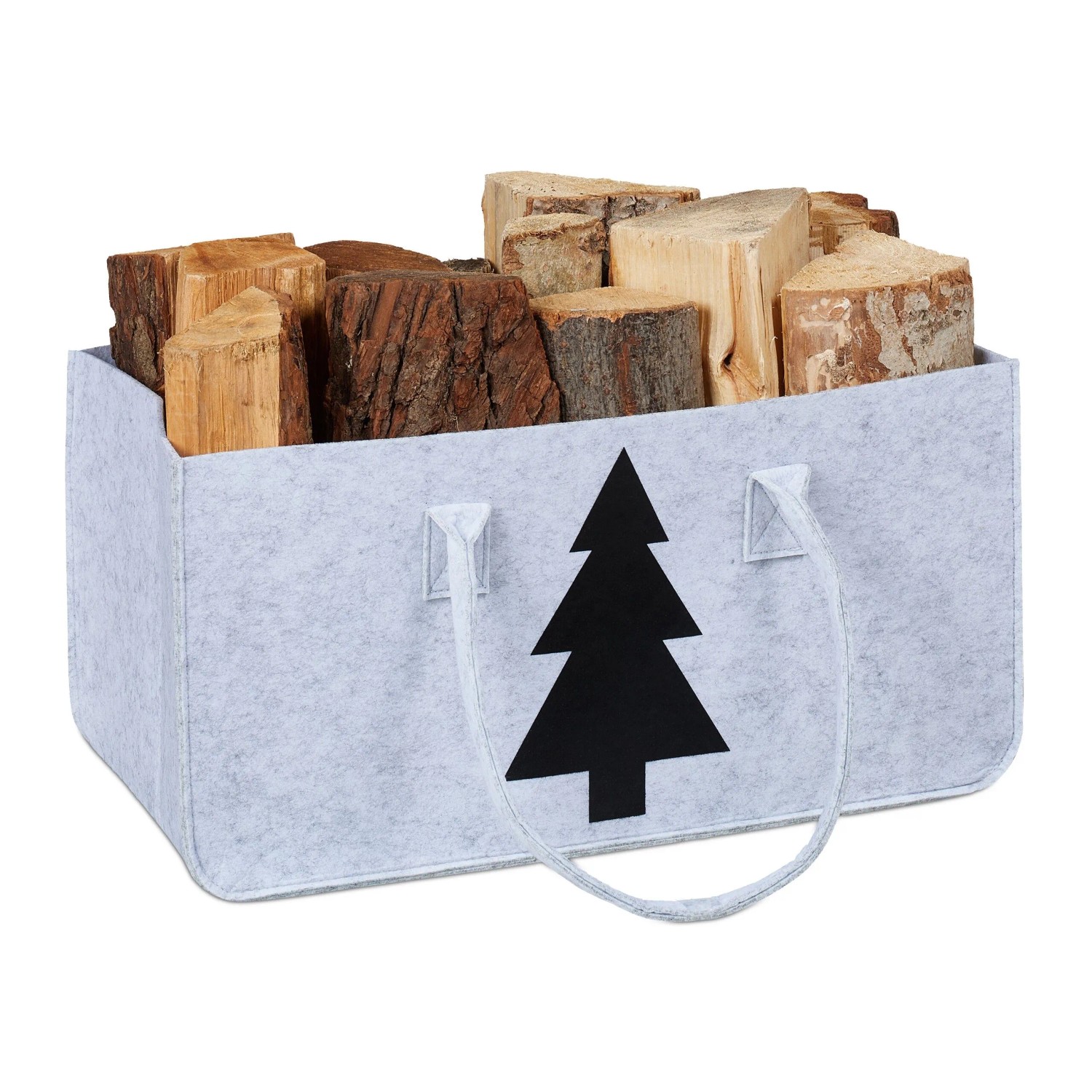 Relaxdays Kaminholztasche Filz Hellgrau Tannenbaum Motiv Faltbar 25 cm x 50 cm x 25 cm 0,3 kg