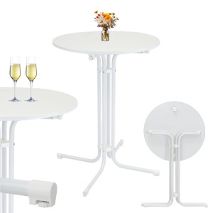 TRUTZHOLM Stehtisch klappbar, weiß, Ø 80 cm, 110 cm hoch, aus Stahl und MDF. Zeigt Tisch aufgestellt und gefaltet.