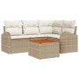 Beige-weißes 5-tlg. Garten-Sofa-Set aus Rattan mit Tisch und Polstern.