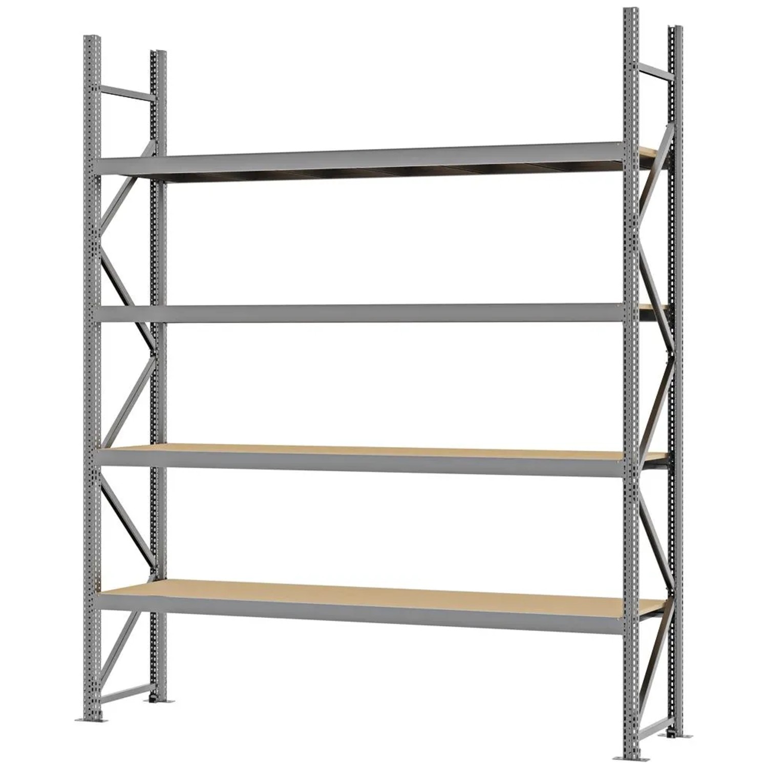 PROREGAL Weitspannregal Schraub-Stecksystem MAGNUS PRO Made In Germany Grundregal 300x250x50cm 4 Ebenen Spanplattenböden Fachlast 430kg Verzinkt