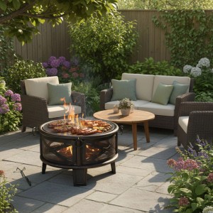 Relaxdays Feuerschale Stahl Schwarz Bronze mit Funkenschutz und Grillrost 58 cm x 66 cm 9,8 kg