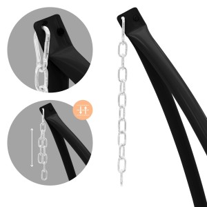 Detailaufnahme Hängesesselgestell Schwarz mit Kette zur Höhenverstellung.