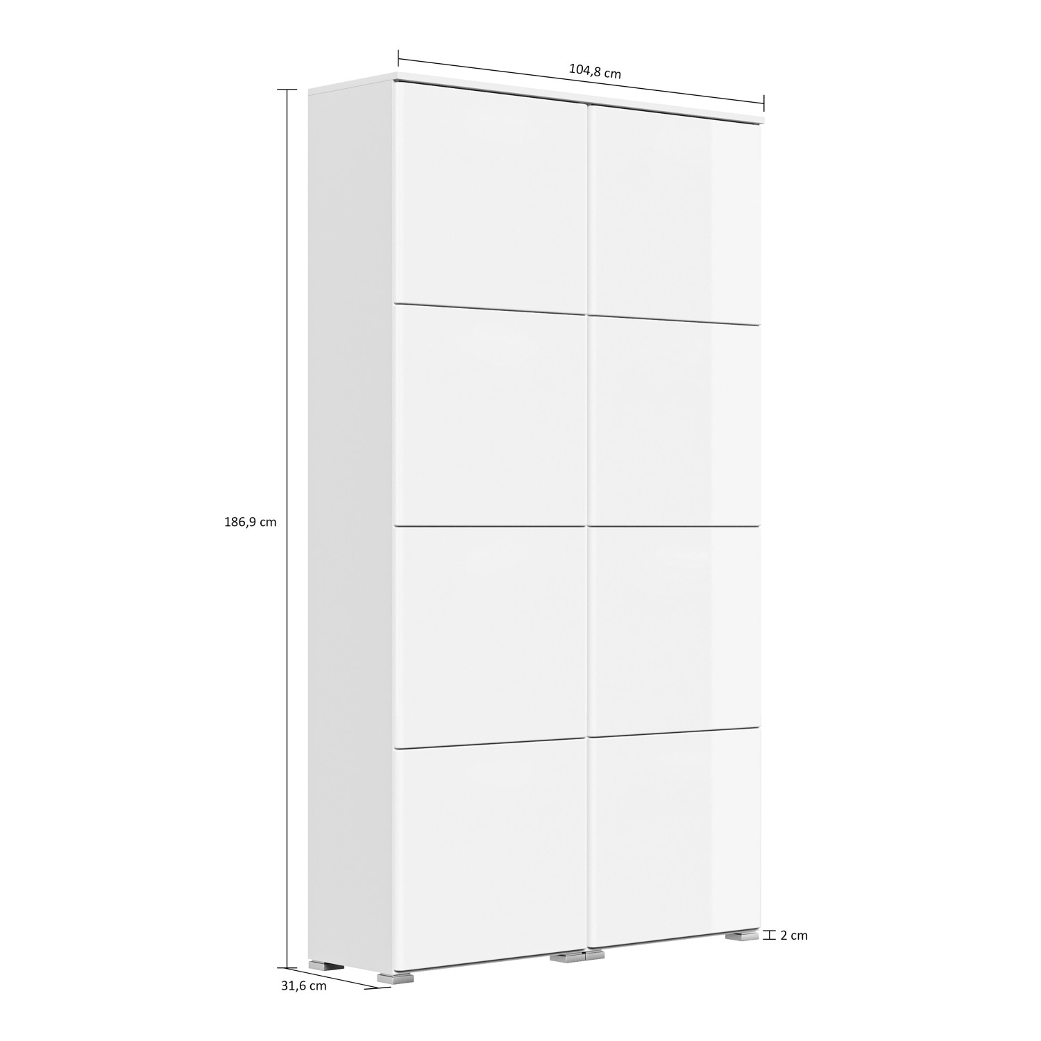 Weißer Posseik Schuhschrank Charme mit 8 Klappen für 32 Paar Schuhe, 105x187 cm, Hochglanz.