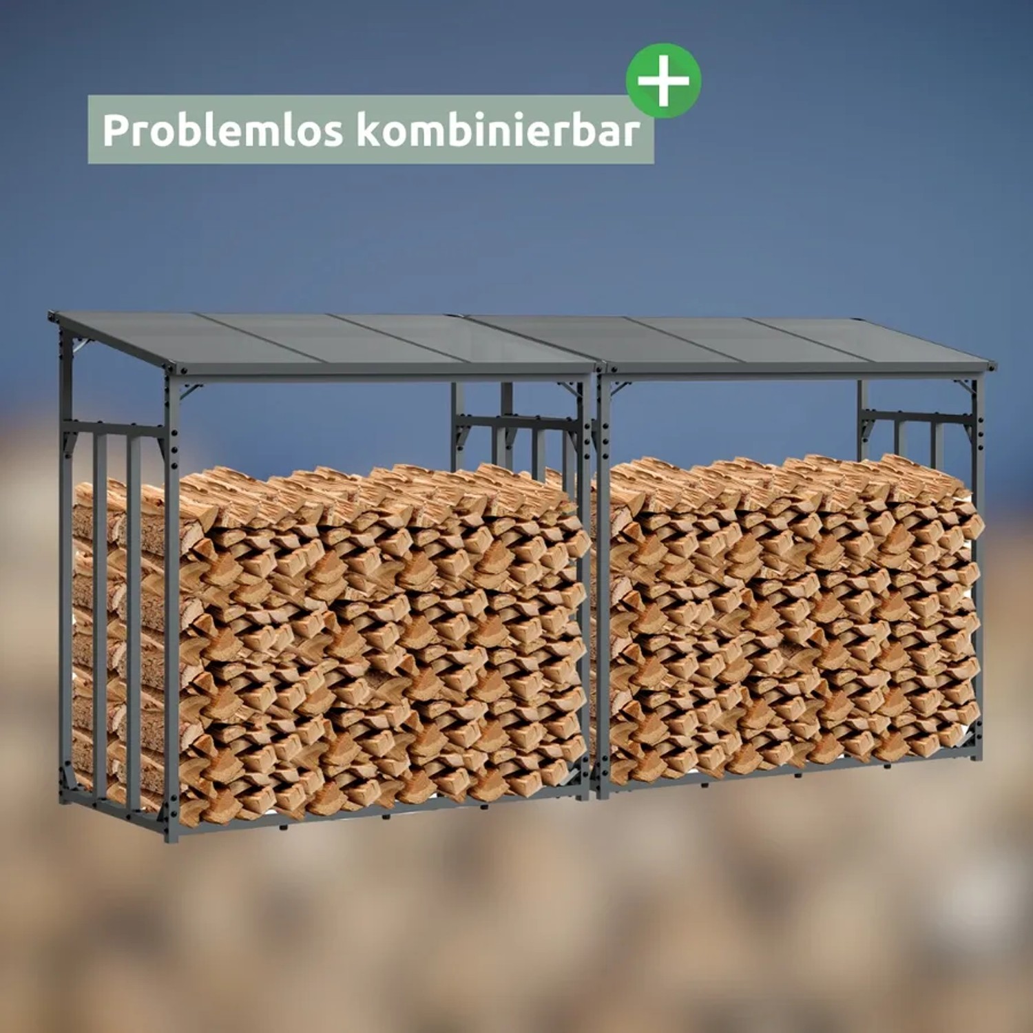 Anthrazit Kaminholzregal aus Metall für Außen mit Holz gefüllt.