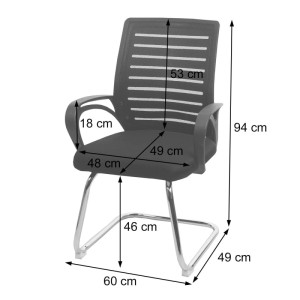 Dunkler MCW Konferenzstuhl mit Netzrücken, Stoffbezug, Armlehnen und verchromtem Freischwinger-Gestell. Belastbar bis 150kg.
