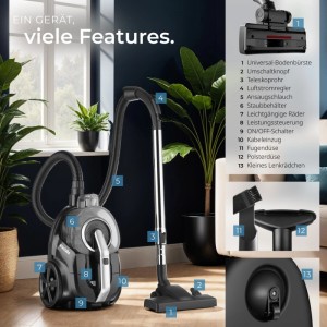 Tectake Staubsauger Vc900 900 W  Beutellos Für Hartböden und Teppich  43 x 27 x 117 cm Schwarz Grau