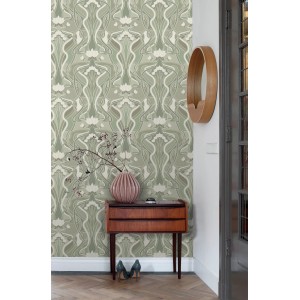 ESTAhome Vliestapete mit Blumenmuster im Jugendstil, graugrün, 50x900 cm.