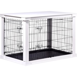 Weiße Hundebox Indoor mit Tischoberfläche, Gittertür und schwarzer Wanne.
