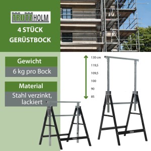 TRUTZHOLM 4er Set Arbeitsböcke, 7-fach höhenverstellbar, bis 800 kg belastbar, Stahl, schwarz lackiert.