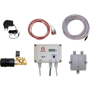 Zubehör für Herkules Hauspaket Tanksystem: Steuerung, Kabel, Adapter, Ventil und Verteiler.