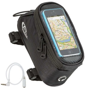 Schwarze Tectake Fahrradtasche mit Rahmenbefestigung und transparentem Handyfach.