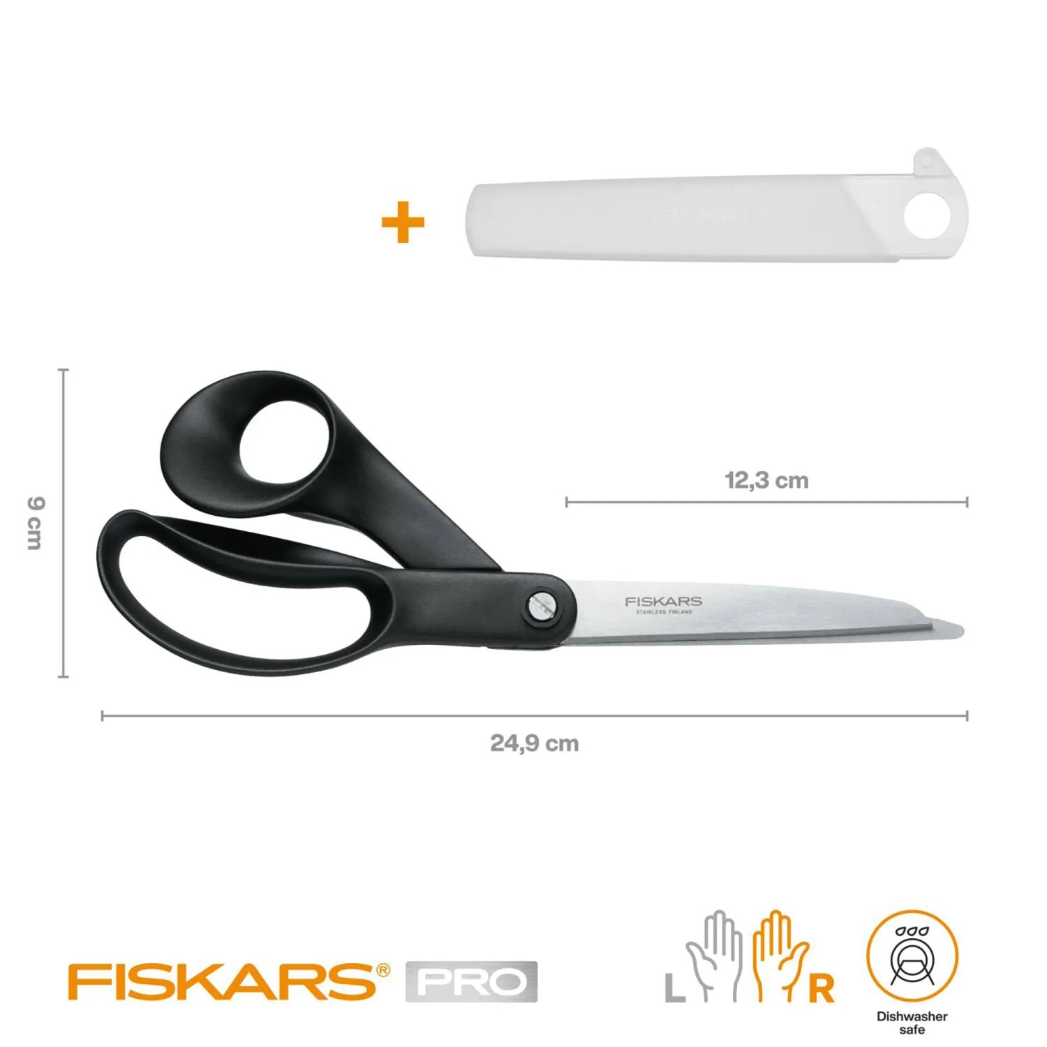 Fiskars Hardware-Schere (25 cm) mit schwarzem Griff und Klingenschutz.