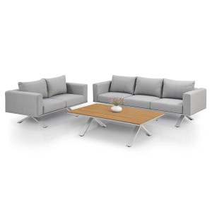 Graues Juskys Gartenmöbel Set Alexandria mit Sofa, Tisch und Kissen für Garten oder Terrasse.