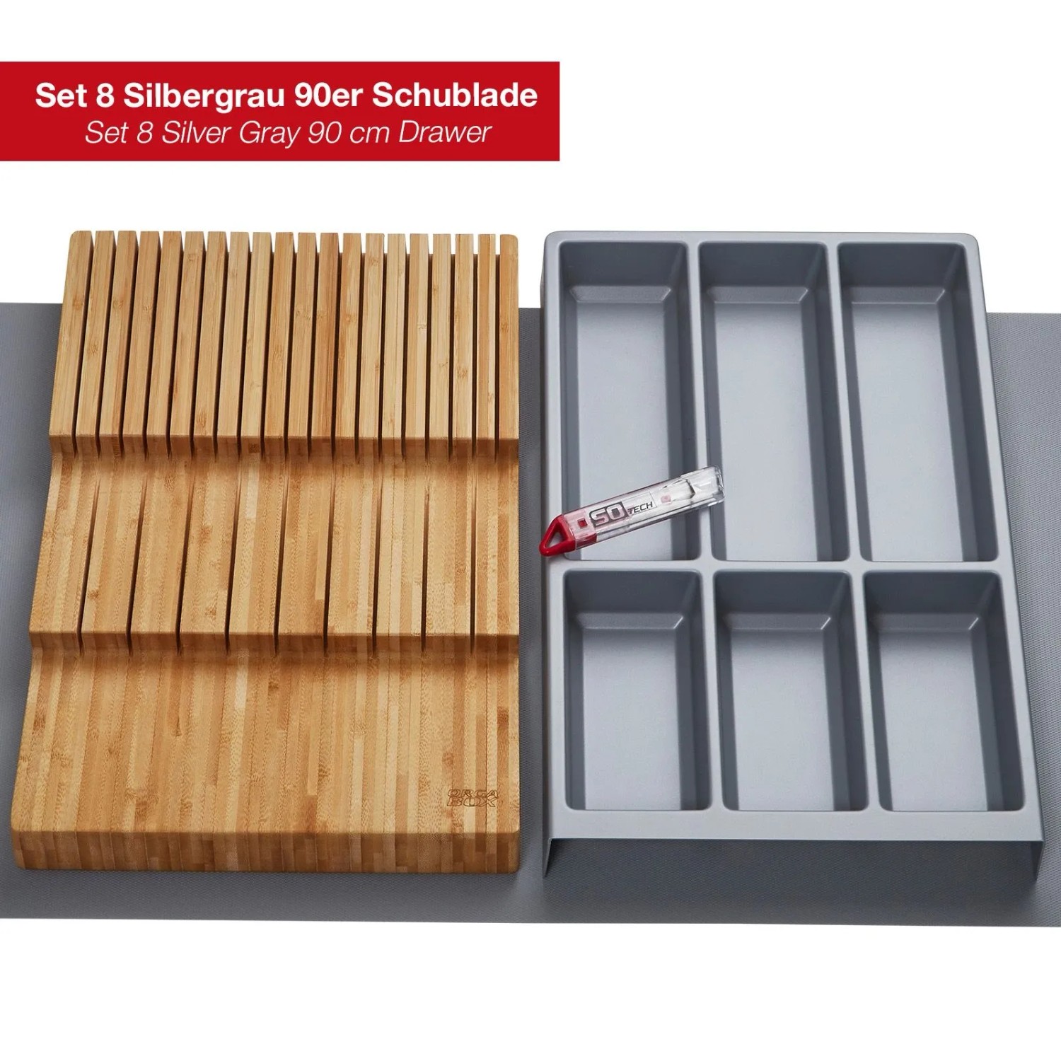 SOTECH ORGA-BOX Vario SET 8 Silbergrau für 90er Schublade Besteckeinsatz Messerhalter Antirutschmatte Orga-Weave_2