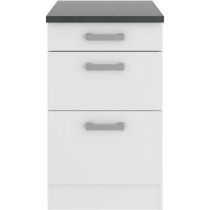 OPTIFIT Oslo214 Küchenunterschrank, 50 cm, Feinstruktur Weiß mit Schubladen und Arbeitsplatte.