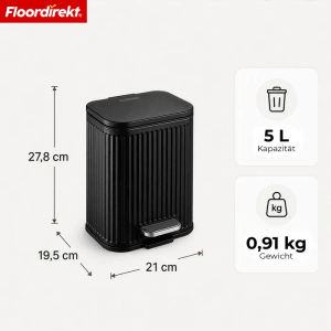 Schwarzer Miles Treteimer 5 L mit Rillenstruktur, Soft-Close-Deckel und Pedal. 27,8 cm hoch.