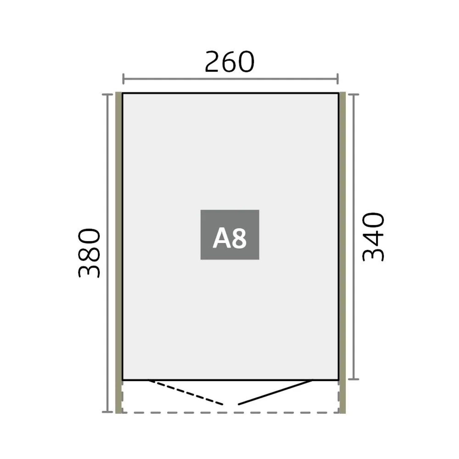 Biohort Metall-Gerätehaus AvantGarde A8 Grundriss. Maße 260 cm Breite, 380 cm Tiefe. Maßzeichnung.