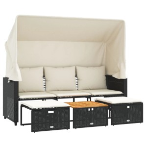 Schwarzes 3-Sitzer Outdoor-Sofa mit Dach, Hockern und Tisch aus Polyrattan. Lounge-Gartenmöbel.