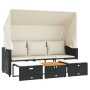Schwarzes 3-Sitzer Outdoor-Sofa mit Dach, Hockern und Tisch aus Polyrattan. Lounge-Gartenmöbel.