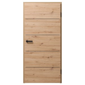 Moderne Zimmertür ModernLine 3705 Artis Eiche mit schwarzen Lisenen und Türgriff.