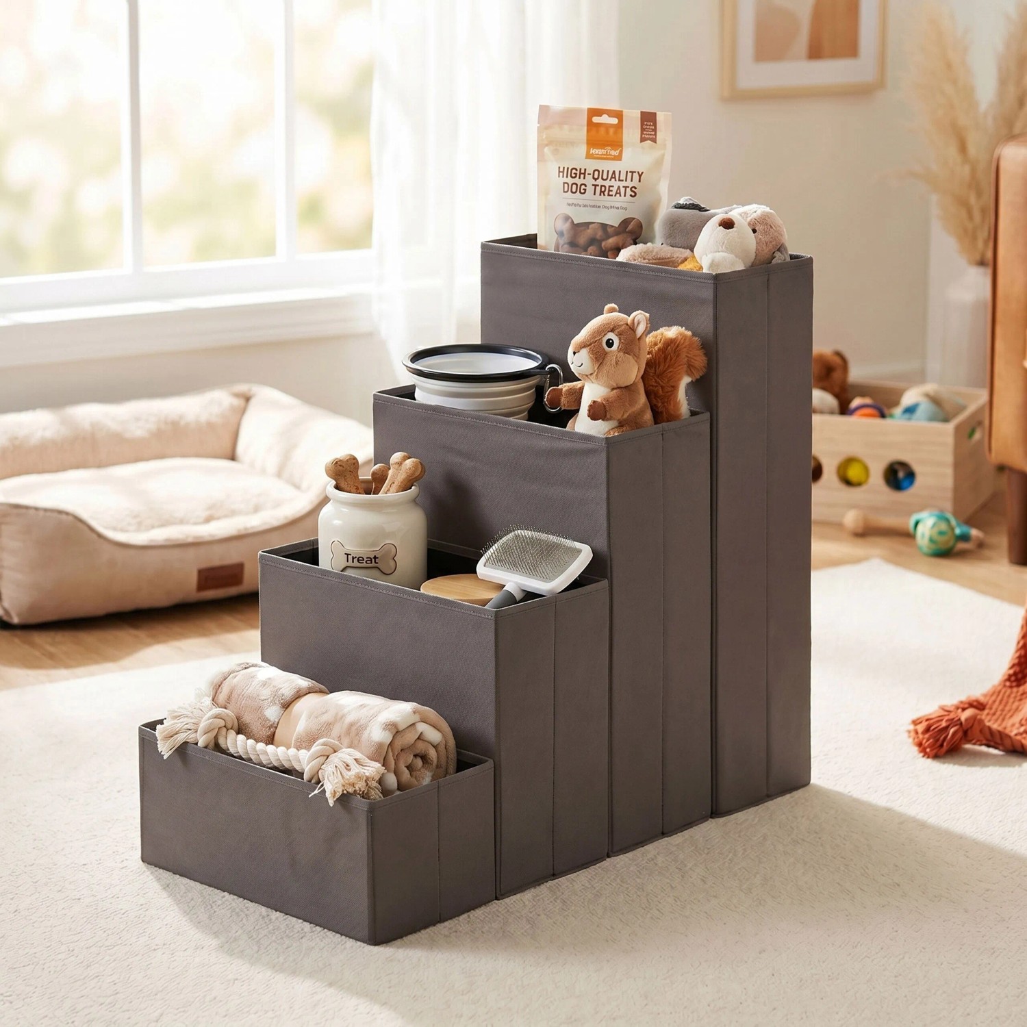 Graue Hundetreppe aus Polyester mit 4 Stufen und Stauraum für Tierzubehör. Faltbare Aufstiegshilfe für Haustiere.