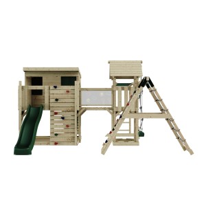 OutdoorToys Spielturm Bene mit Schaukel, Rutsche, Kletterwand und Brücke in Dunkelgrün.