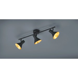 Schwarzer 3er Spot Nina mit goldenen Lampenschirmen für E14 Leuchtmittel.