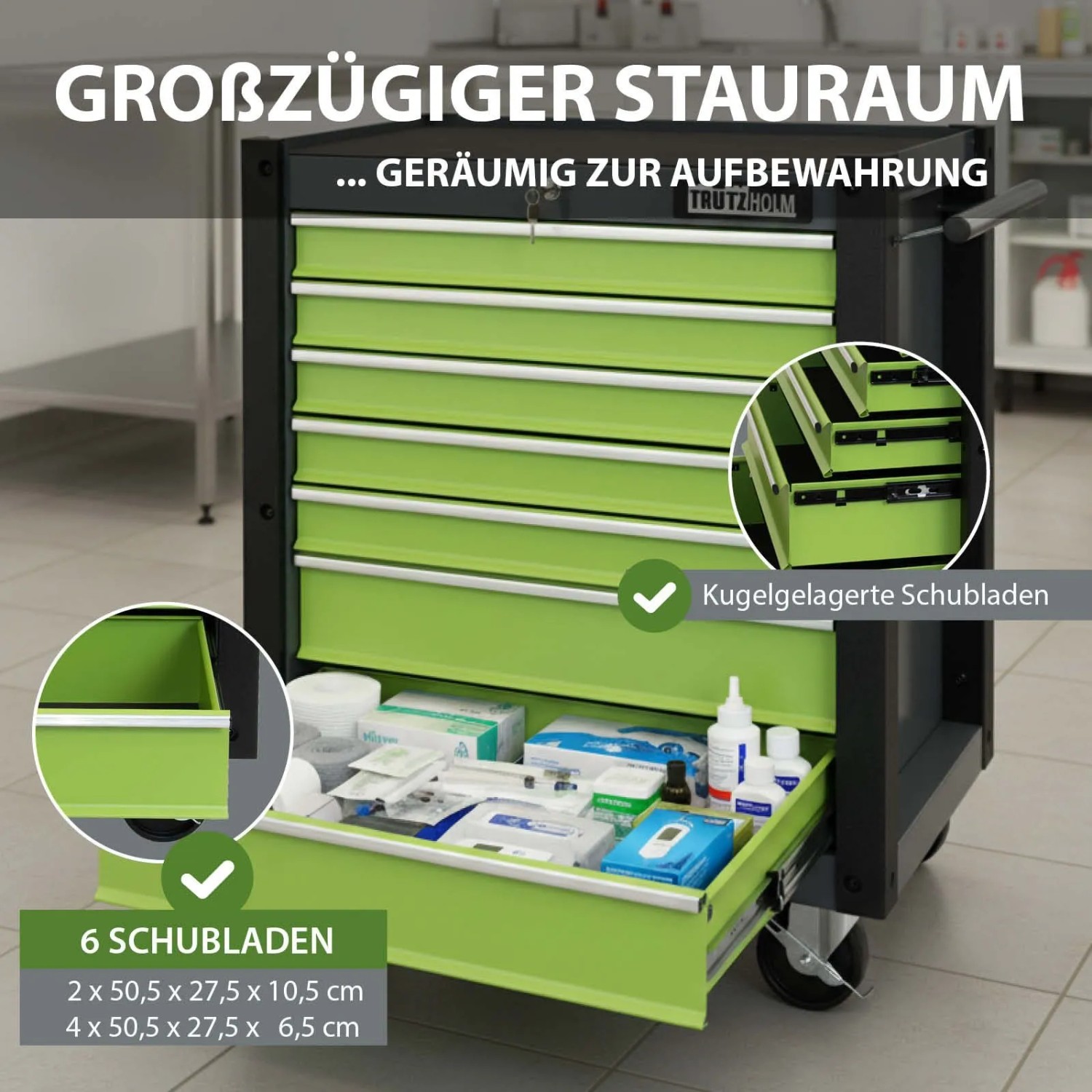 Grüner TRUTZHOLM Werkzeugwagen Trutzi mit 6 Schubladen zur Werkzeugaufbewahrung.