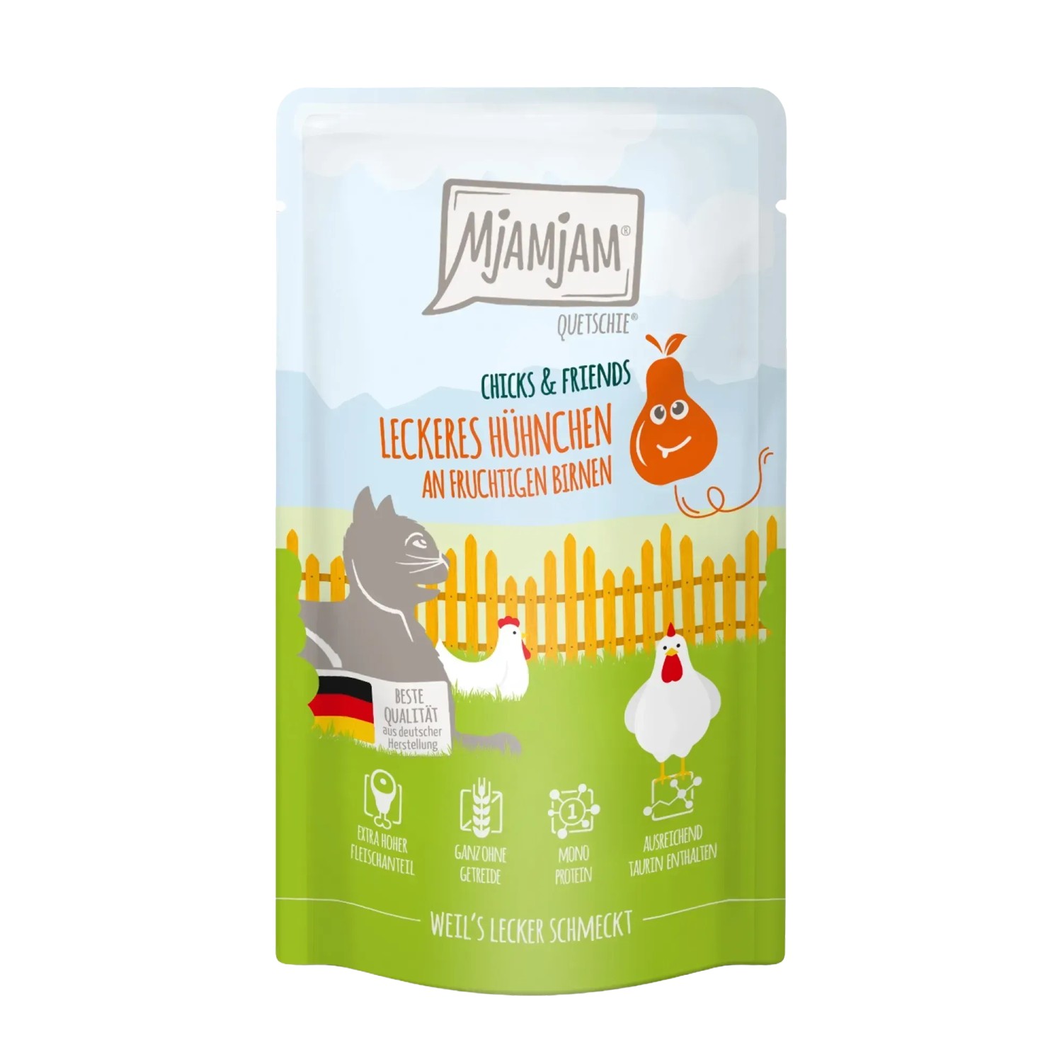 Mjamjam Katzen-Nassfutter Quetschie Chicks & Friends Hühnchen & Birnen 125 g