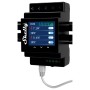 Schwarzes Shelly Relaismodul Pro 4PM zur Hausautomation mit Display und LAN-Kabel.