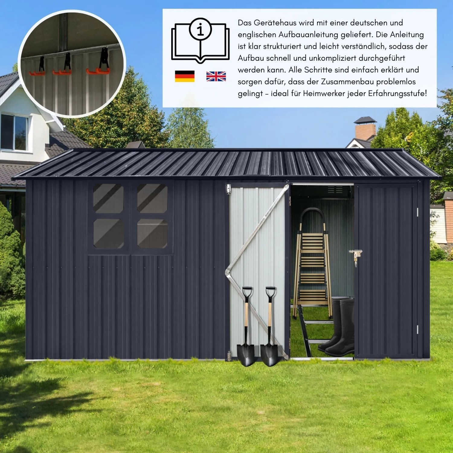Albatros Gerätehaus XXXL Verzinktes Metall in Anthrazit Inkl. Schloss & Werkzeughaken Wetterfester Geräteschuppen_3