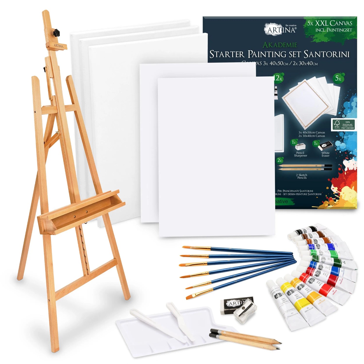 Artina Santorini Malset mit Barcelona Staffelei Natur