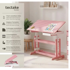 Rosa Tectake Schreibtisch mit neigbarer Platte, höhenverstellbar, mit Schublade. Ideal für Kinder.