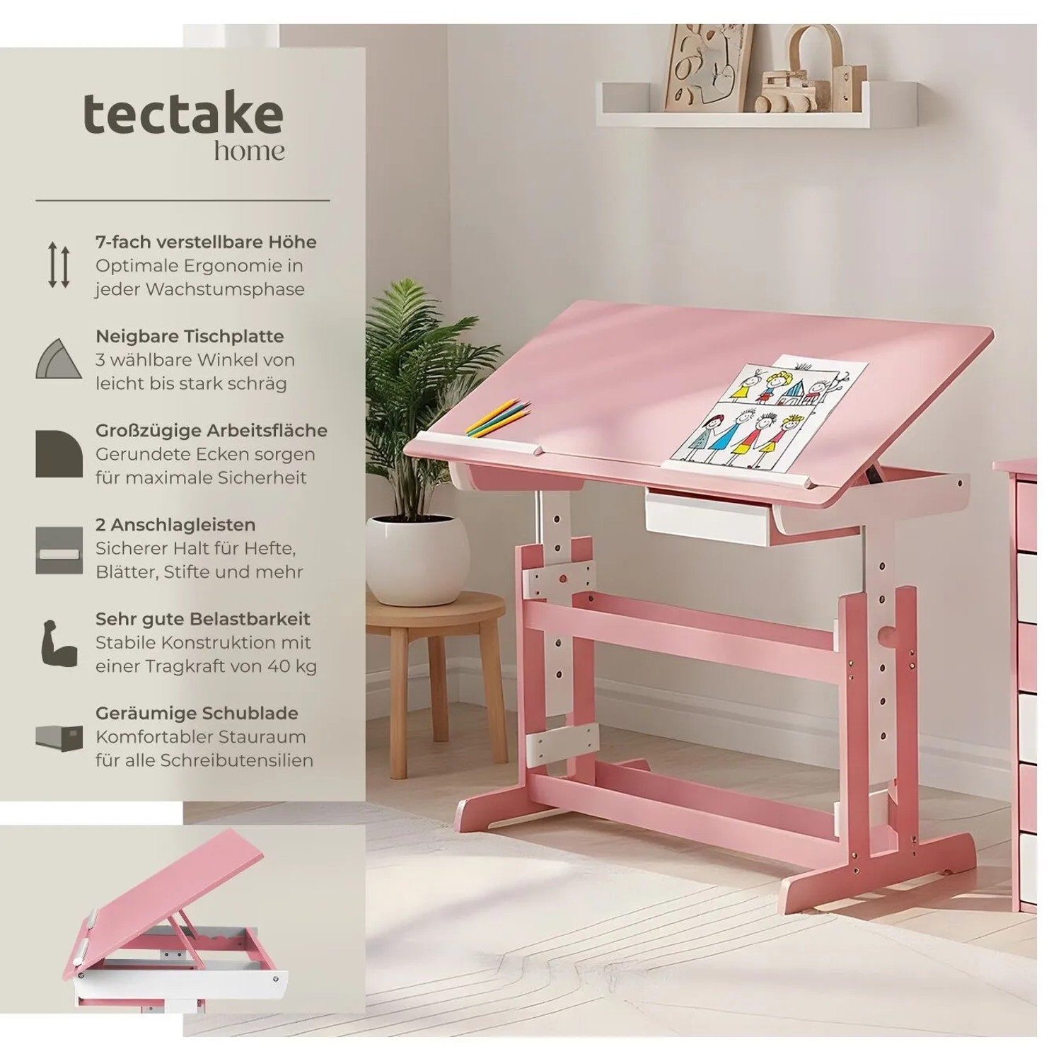Rosa Tectake Schreibtisch mit neigbarer Platte, höhenverstellbar, mit Schublade. Ideal für Kinder.