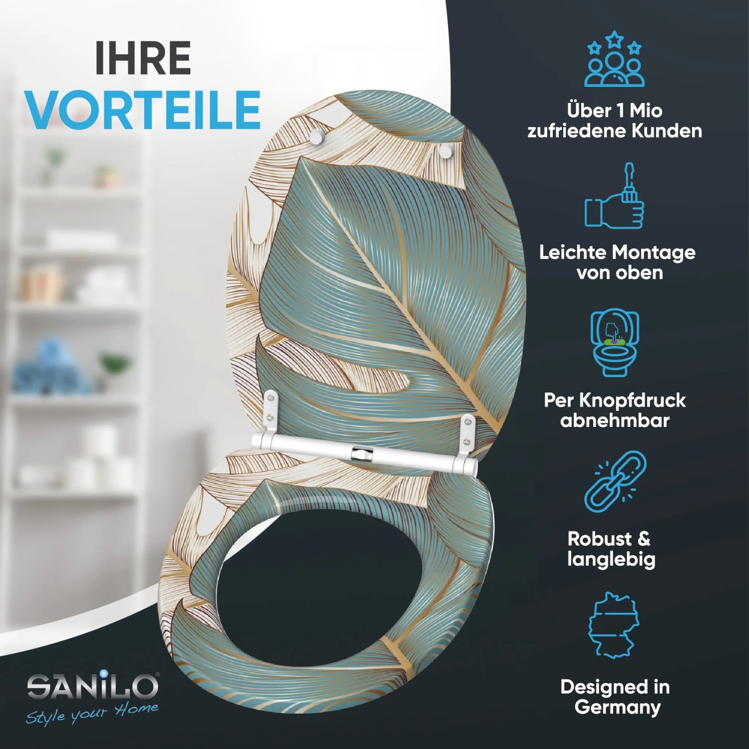 SANILO WC-Sitz mit Absenkautomatik und Blattmuster in Grün/Gold für Standard WC-Becken.
