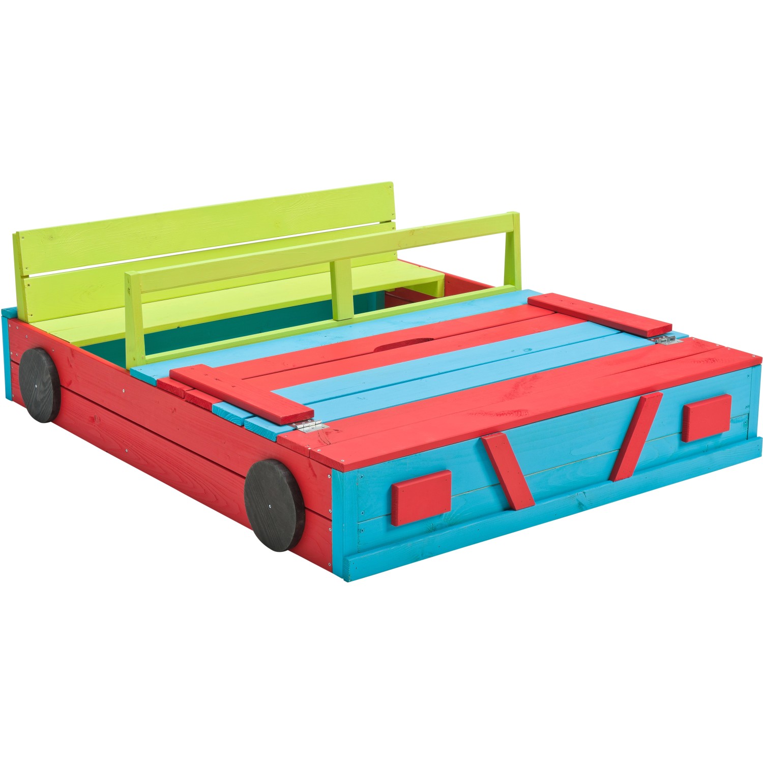Farbenfroher SwingKing Sandkasten in Autoform mit integrierter Abdeckung/Sitzbank.