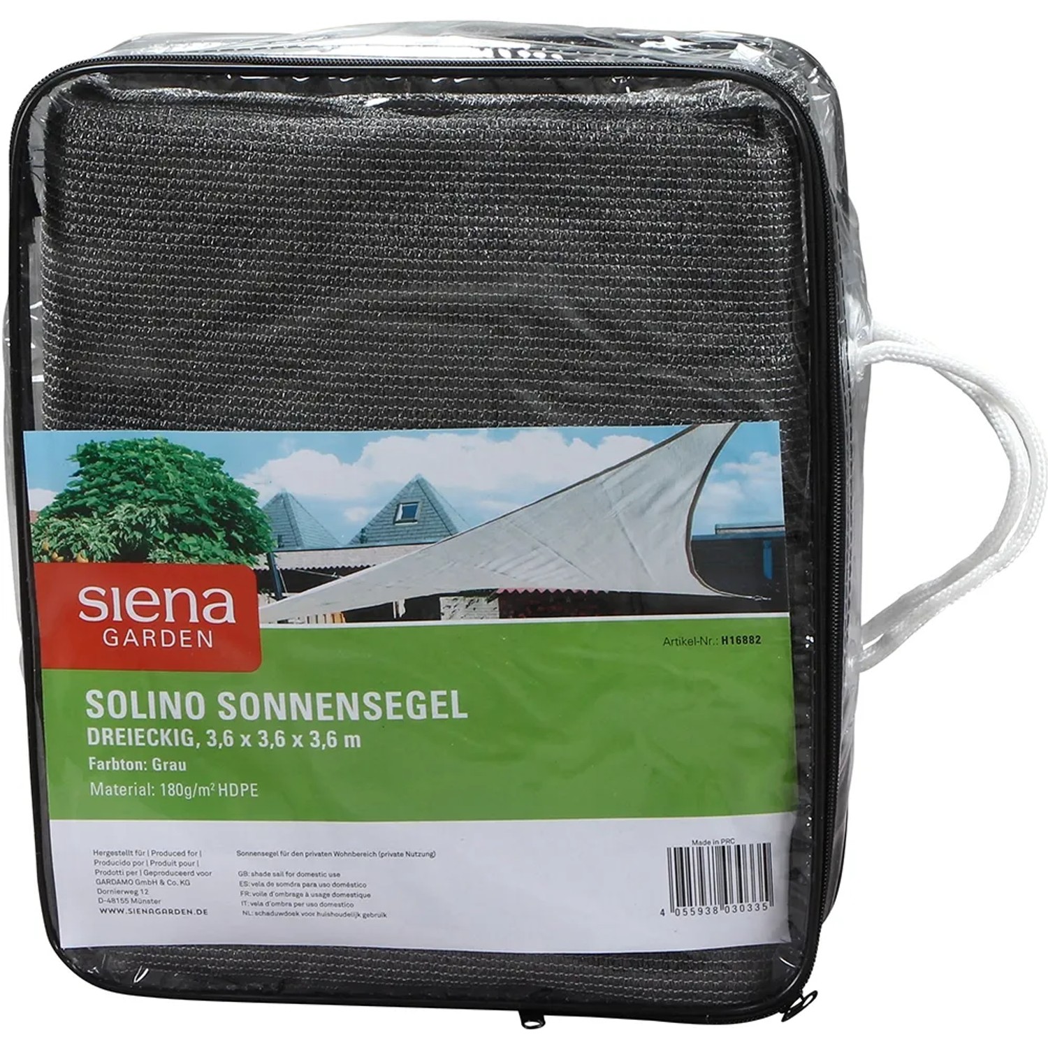Verpacktes, graues, dreieckiges Sonnensegel Solino von Siena Garden, 3,6x3,6x3,6 m.