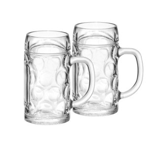 Zwei robuste Van Well München Bierkrüge aus Glas, 0,5 l geeicht, mit klassischem Noppenmuster und Henkel.