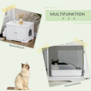 PawHut Katzenschrank: Weißer Wohnzimmerschrank als Katzentoilette und Beistelltisch mit Katze.