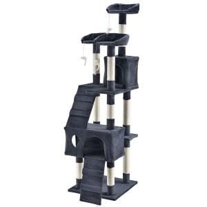 Dunkelgrauer Juskys Kratzbaum Amy mit Höhlen, Liegeflächen, Sisalstämmen und Spielmäusen.
