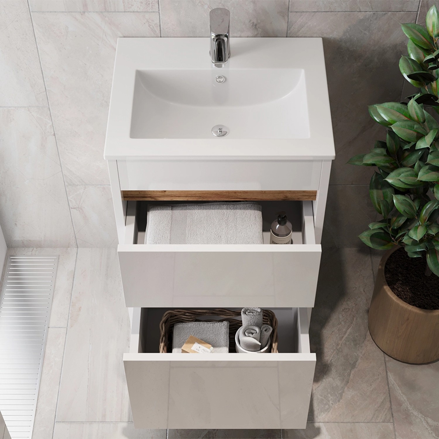 Vicco Badmöbel-Set Detmold, weiß/hochglanz, mit Waschbecken und 2 Schubladen (geöffnet).