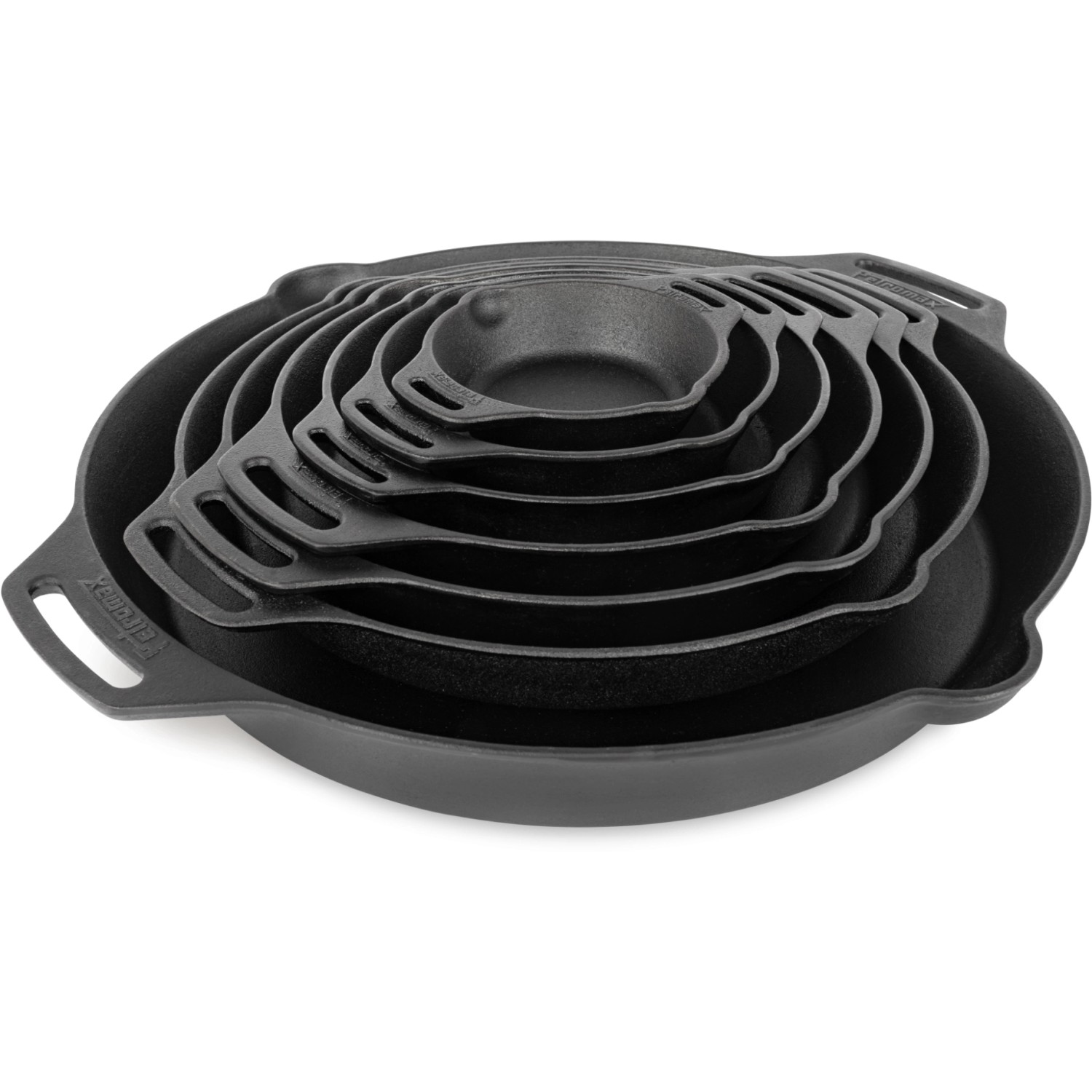 Petromax Feuerpfannen Set, 7-teilig, aus Gusseisen mit zwei Henkeln, ideal zum Grillen und Kochen.