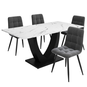 Merax Esstisch Set U-Design Weiß Marmor Grau Samtstühle
